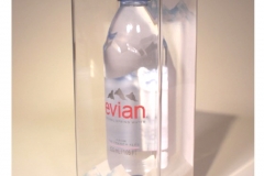 Evian Bottle Display<br/>Acrylic case with moded plastic mountains with printed grphics behind bottle