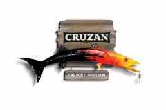 Cruzan Barracuda Sign<br/>Polyresign barracuda with custom fishing lure mounted on a printed wood backer